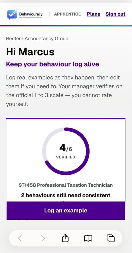 Apprentice dashboard showing verified behaviour progress and a prompt to log a real workplace example for ST1458 Professional Taxation Technician